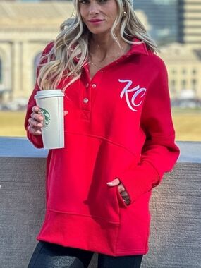 NWT Lula Fleece Embroidered KC Snap Pullover : Red Size Small